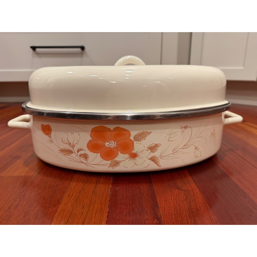 Vntg Watercolor Hearthside Blush Enamelware Oval Roasting Pan with Lid Floral‎